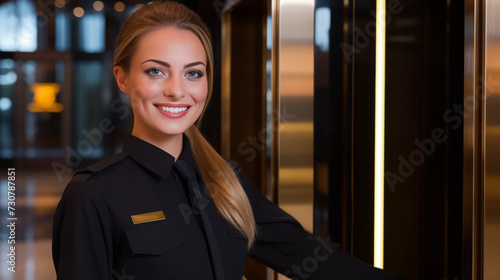 Female security guard standing in front of an entrance of the private facility or building