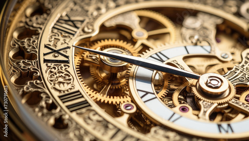 Mechanism, clockwork of a watch with jewels, close-up. Vintage luxury background. Time, work concept