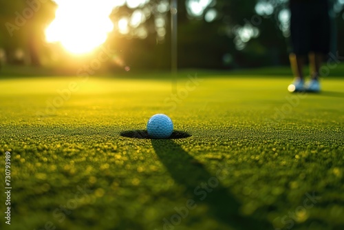 Golf ball on grass. Background with selective focus and copy space