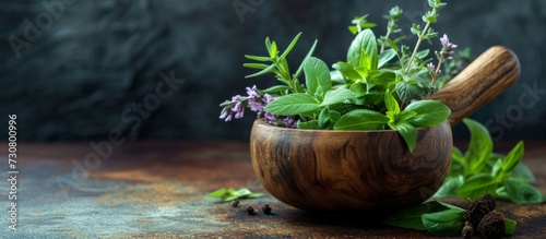 Wooden mortar with space for text, containing fresh and fragrant herbs.