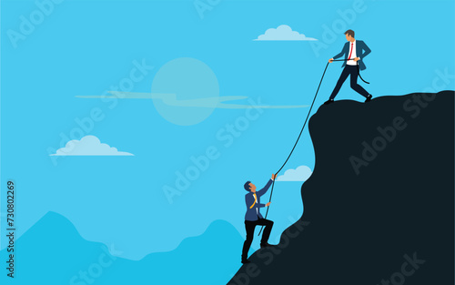 Businessman helping each other hike up a mountain at sunrise background. Business, teamwork, success, achievement and help concept.vector
