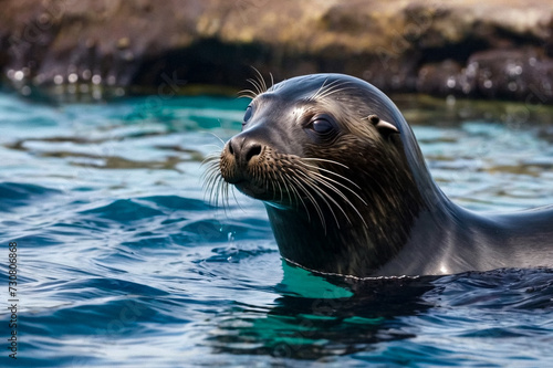 Galapagos fur seal (Arctocephalus galapagoensis) swimming in tropical underwaters. Close up lion seal in under water world. Observation of wildlife ocean. Scuba diving adventure in Ecuador coast