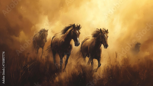 Four wild horses troting throught dust storm
