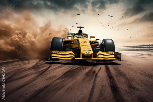 Dramatic shot of a racing car leaving a trail of dust and tire marks while accelerating on a straight stretch of the race circuit