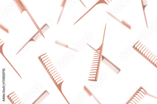 Professional hair combs isolated on white background. Hairbrush isolated. Flying combs. Falling combs.