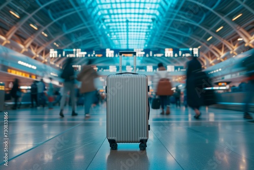 A gray suitcase on wheels stands in the middle of the terminal against the backdrop of fast-walking people. Travel concept