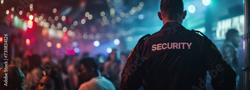 A security guard stands watch over a crowded nightclub.