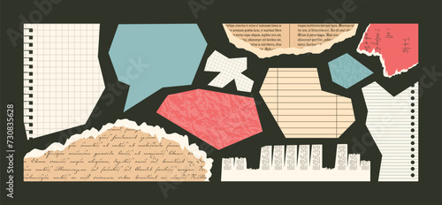 Set of Torn trendy Collage elements. Paper Cut pieces of checkered and lined Notebook old Newspaper. Sheet of Scratch book. Vector contemporary illustration of Notepad pages isolated black background
