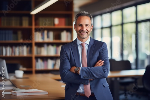 caucasian male school principal in his modern office smiling. Education career and staff.