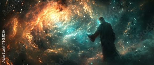 Silhouette of Jesus Christ open the heaven portal. Religion astral spirituality concept. Generative AI technology.