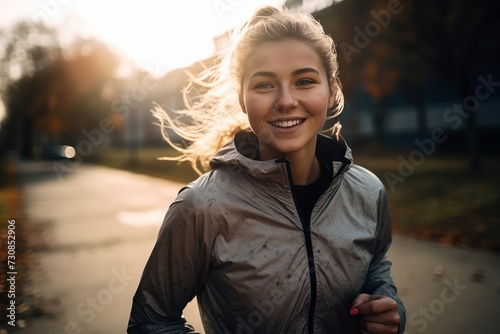 Smiling woman with flying hair doing sport