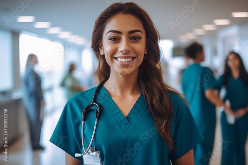 Smiling woman in medical uniform standing in hospital corridor