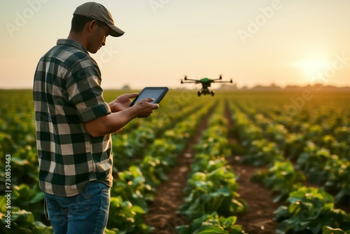Man controlling AI powered drone in his his agriculture farm, Artificial intelligence automation in farming