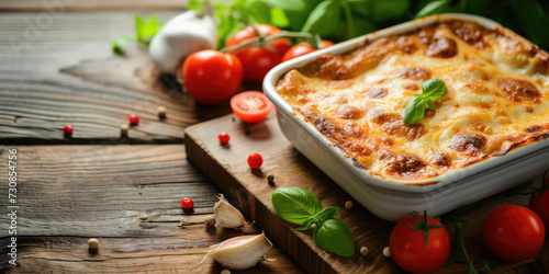 Golden-Baked Moussaka with Rosemary Garnish. Close-up of traditional Greek moussaka with cheese topping, garnished with fresh rosemary.
