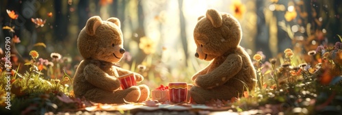 teddy bears come to life, enjoying a delightful picnic against a cute backdrop