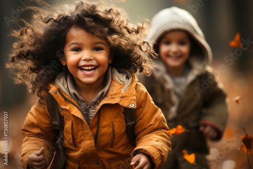 Smiling ethnic children in warm clothes