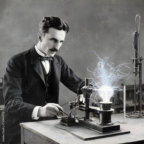 Nikola Tesla, Great inventor and Scientist doing experiment in the lab, black and white photo