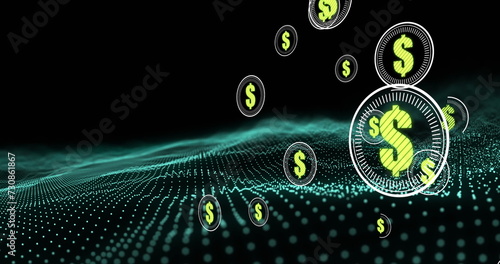 Dollar symbol on multiple round scanners against green digital wave on black background