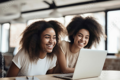 Cheerful diverse women using laptop in cafe