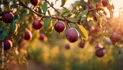 Delizie Autunnali- Ramo di Prugne su Sfondo Sfocato di un Frutteto di Melograni all'Ora Dorata, Frutta Biologica e di Qualità