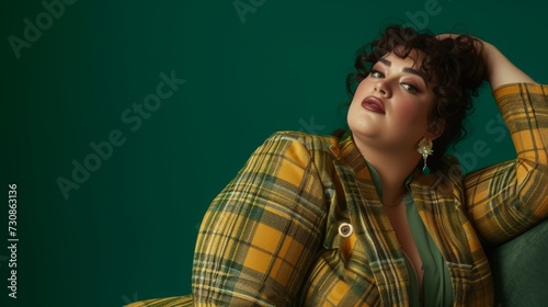 Plus size female model on a green background. Photo in fashion editorial style 