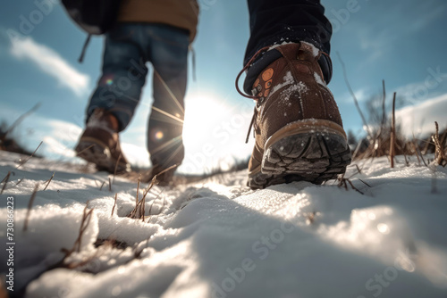 Crop traveler in boots standing on snow