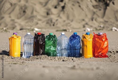 An orderly row of discarded plastic bottles littering the sandy beach, a reminder of our damaging impact on the fragile outdoor environment