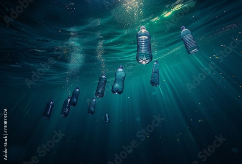 Swimmers dive into a sea of plastic bottles, highlighting the destructive impact of human waste on our underwater world