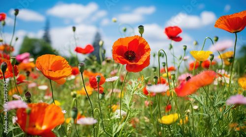 Meadow of flowers. Poppies and flowers against the backdrop of a green lawn.
