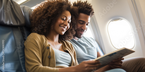 A young interracial couple seated on an airplane, looking at a travel guide