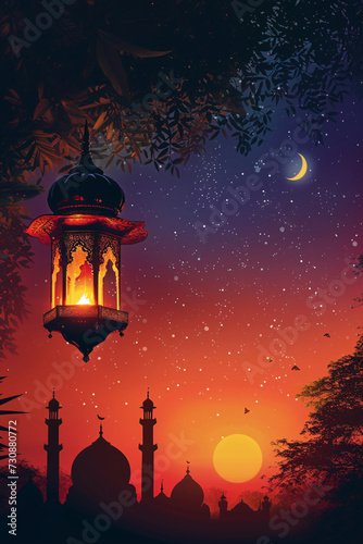 Ramadan celebration background with mosque silhouette and hanging lantern