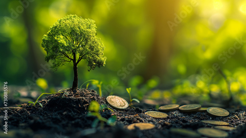 A money tree sprouting from a pile of coins symbolizing financial growth and success