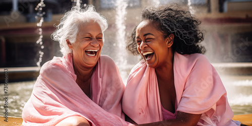 Two elderly women laughing by a fountain