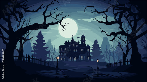 Haunted mansion vector background with a moonlit sky silhouetted trees and mysterious shadows creating a spooky and atmospheric setting. simple minimalist illustration creative