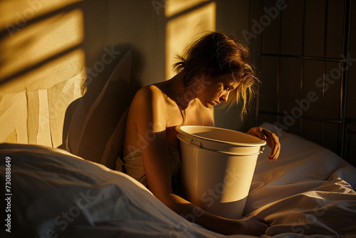Sick woman lying in bed with a bucket, morning light.