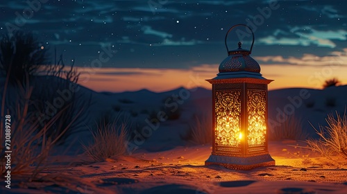 Majestic Ramadan Lantern Illuminating Ancient Desert Oasis in Starlit Night