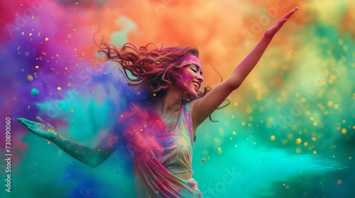 A beautiful girl with long hair dances at the Holi festival, covered in colorful powder.