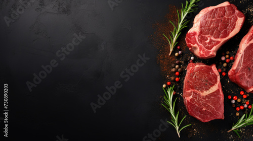 Raw Beef Steaks on Cutting Board with Rosemary and Pepper