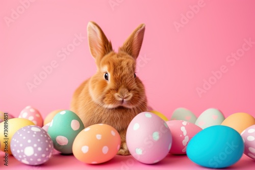 A red bunny surrounded by pastel-colored polka dot Easter eggs.