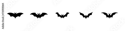 Halloween bat silhouette set isolated on white background. Spooky black horror bat graphic. Vector