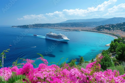blue Mediterranean sea with cruise ship and pink Bougainvillea flowers frame, travel concept