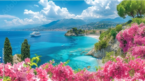 panoramic Mediterranean sea with cruise ship, cloudy blue sky and pink Bougainvillea flowers frame, travel concept