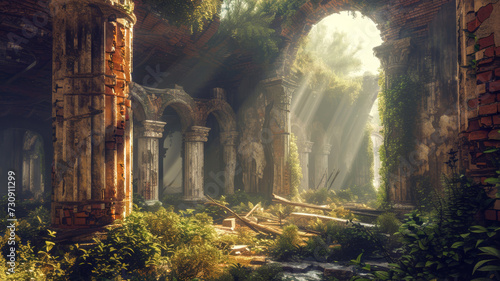 Background of an old and abandoned temple in the middle of a wild forest Generative AI Illustration