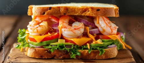Creative photo of a club sandwich with shrimp, tomatoes, cheese, onions, and avocado.