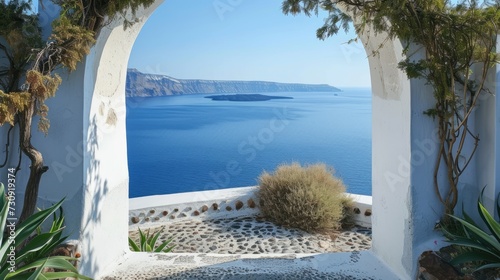 View of the sea from the house through the arch, Santorini island, Greece.