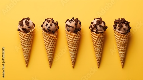 Various chocolate chip waffle cones with whipped cream, twirls of icy cream, and orange gelato on a yellow background.
