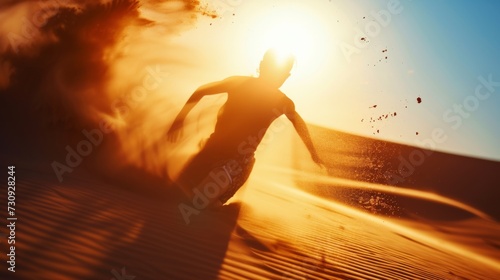 Dynamic desert running man casting a long shadow on the golden sands at sunset, embodying energy and adventure