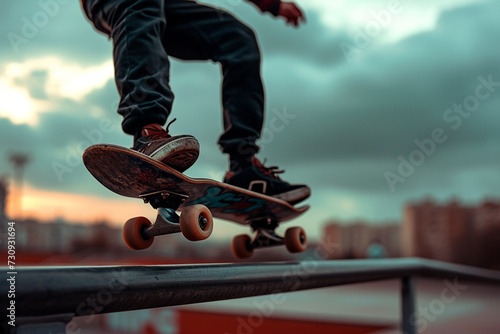 aggressive roller skater performing a trick on a railing in skatepark