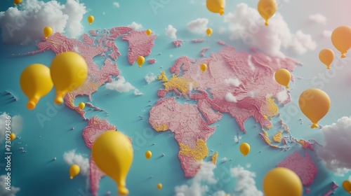 A whimsical representation of a world map with vivid pink and yellow regions, dotted with floating yellow balloons against a blue sky with fluffy clouds.