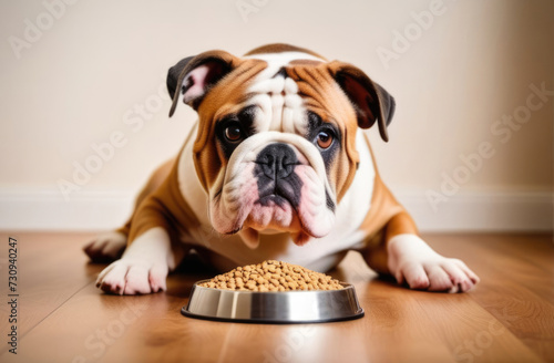 English bulldog puppy eating dry food from a bowl on the floor on a light blurred background. Dry food for dogs, balanced diet, pet care, veterinarian